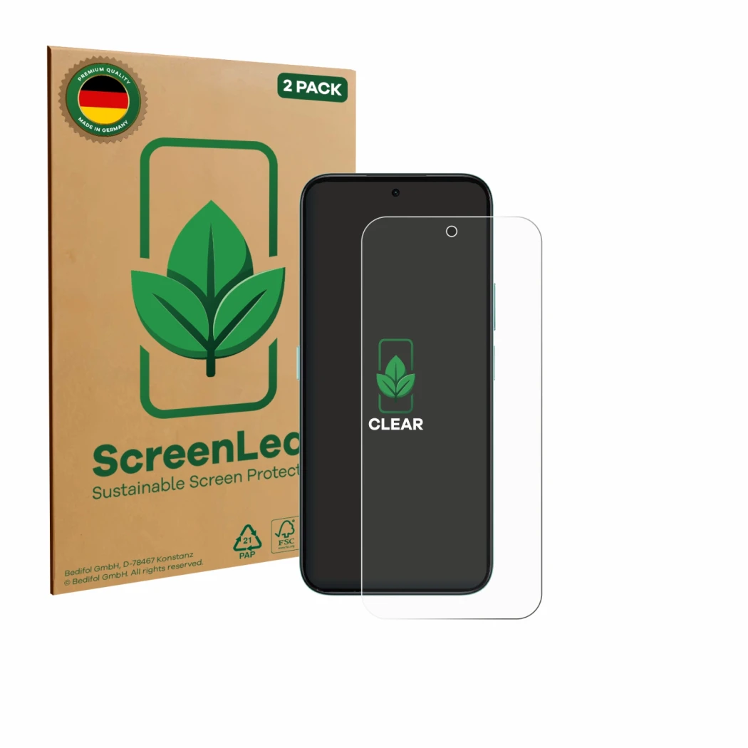 Parte frontale di una confezione del prodotto con il logo del marchio ScreenLeaf. Accanto è raffigurato il dispositivo Honor P