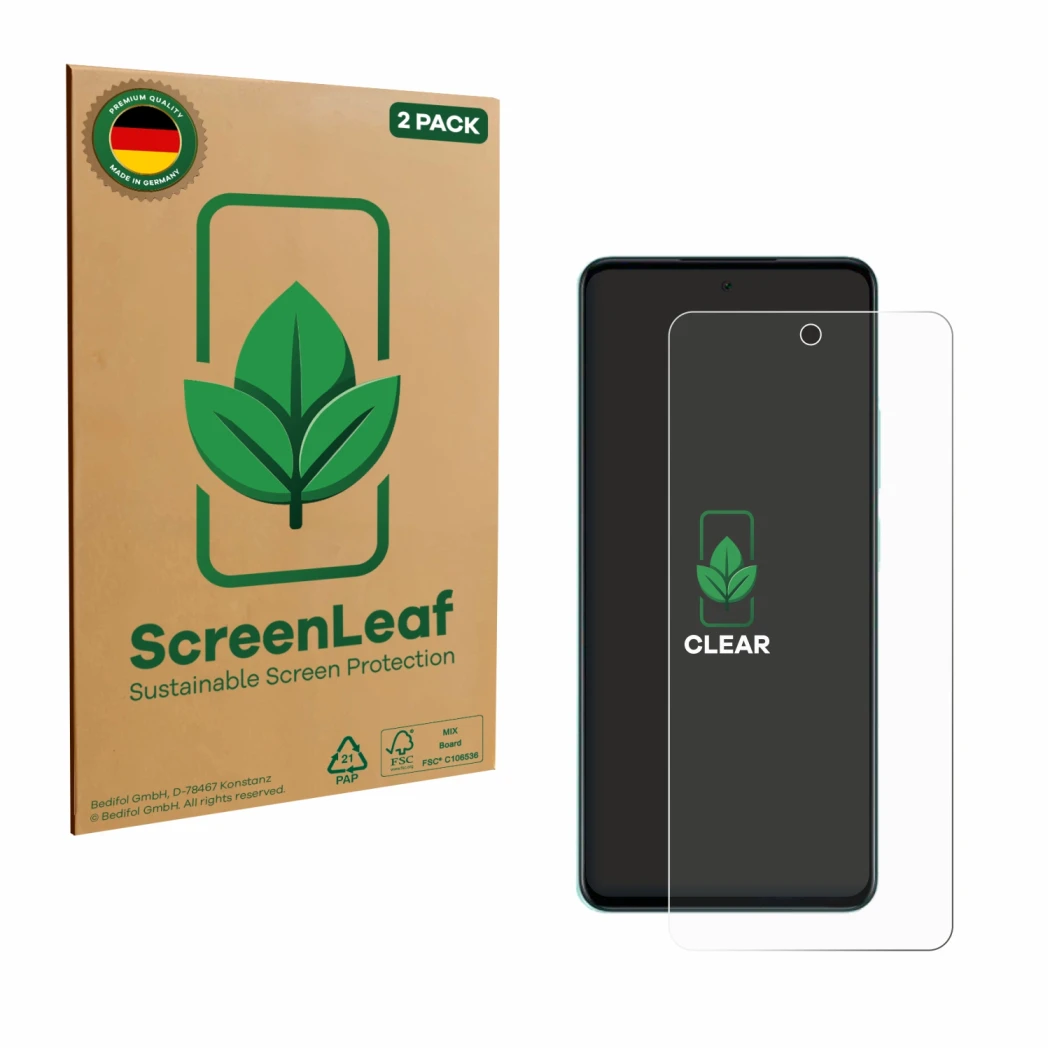 Parte frontale di una confezione del prodotto con il logo del marchio ScreenLeaf. Accanto è raffigurato il dispositivo Oppo A5