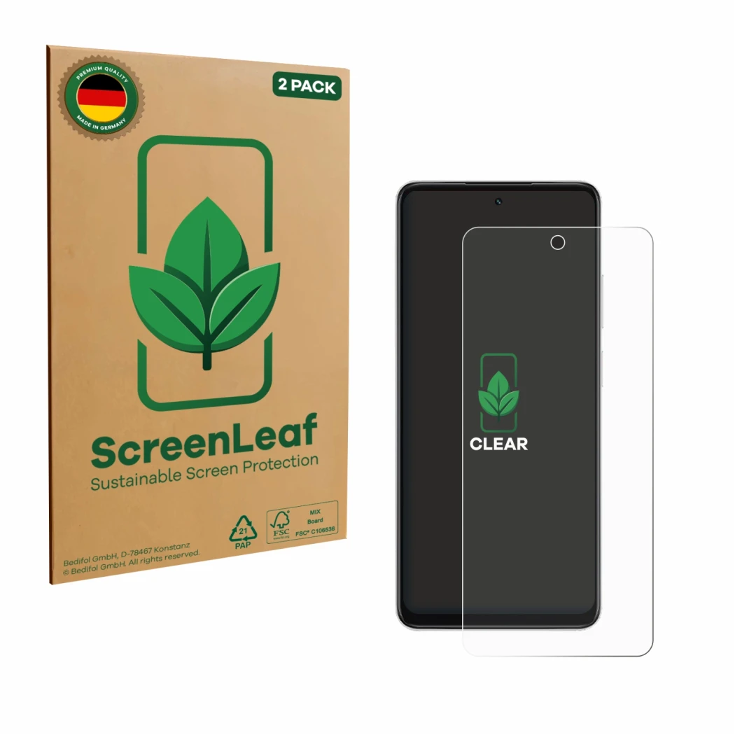 Parte frontale di una confezione del prodotto con il logo del marchio ScreenLeaf. Accanto è raffigurato il dispositivo Oppo A5