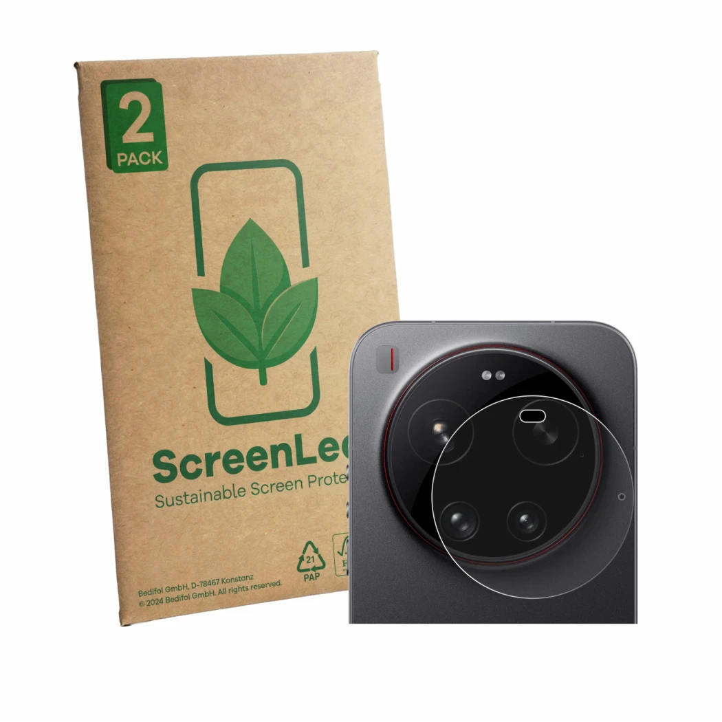 Parte frontale di una confezione del prodotto con il logo del marchio ScreenLeaf. Accanto è raffigurato il dispositivo Xiaomi 