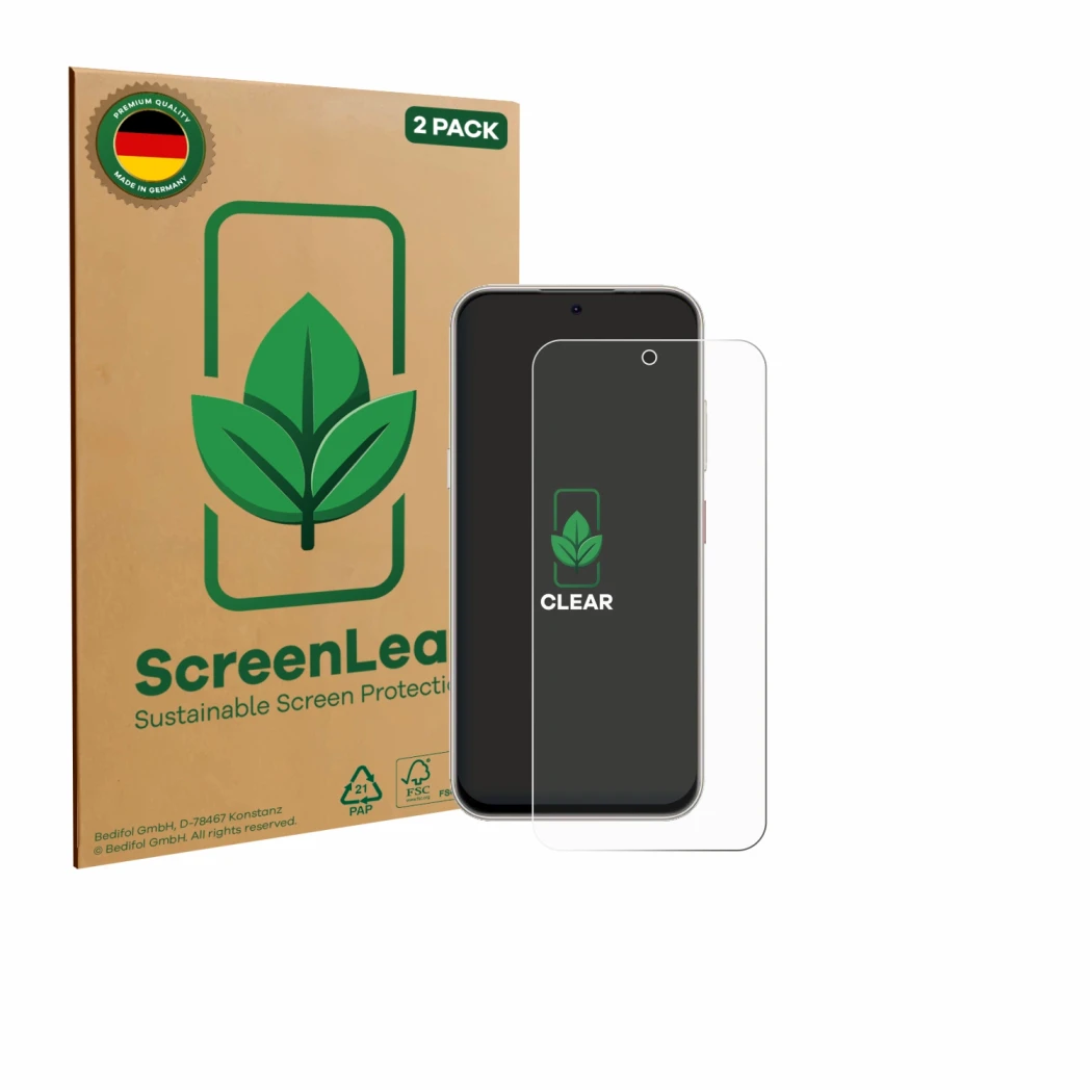 Parte frontale di una confezione del prodotto con il logo del marchio ScreenLeaf. Accanto è raffigurato il dispositivo Nubia V