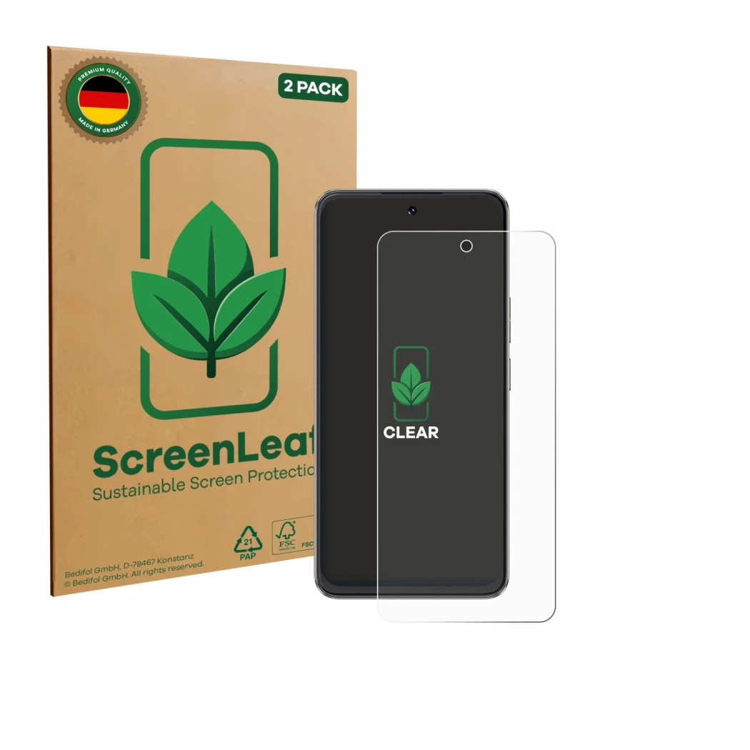 Parte frontale di una confezione del prodotto con il logo del marchio ScreenLeaf. Accanto è raffigurato il dispositivo Cubot N
