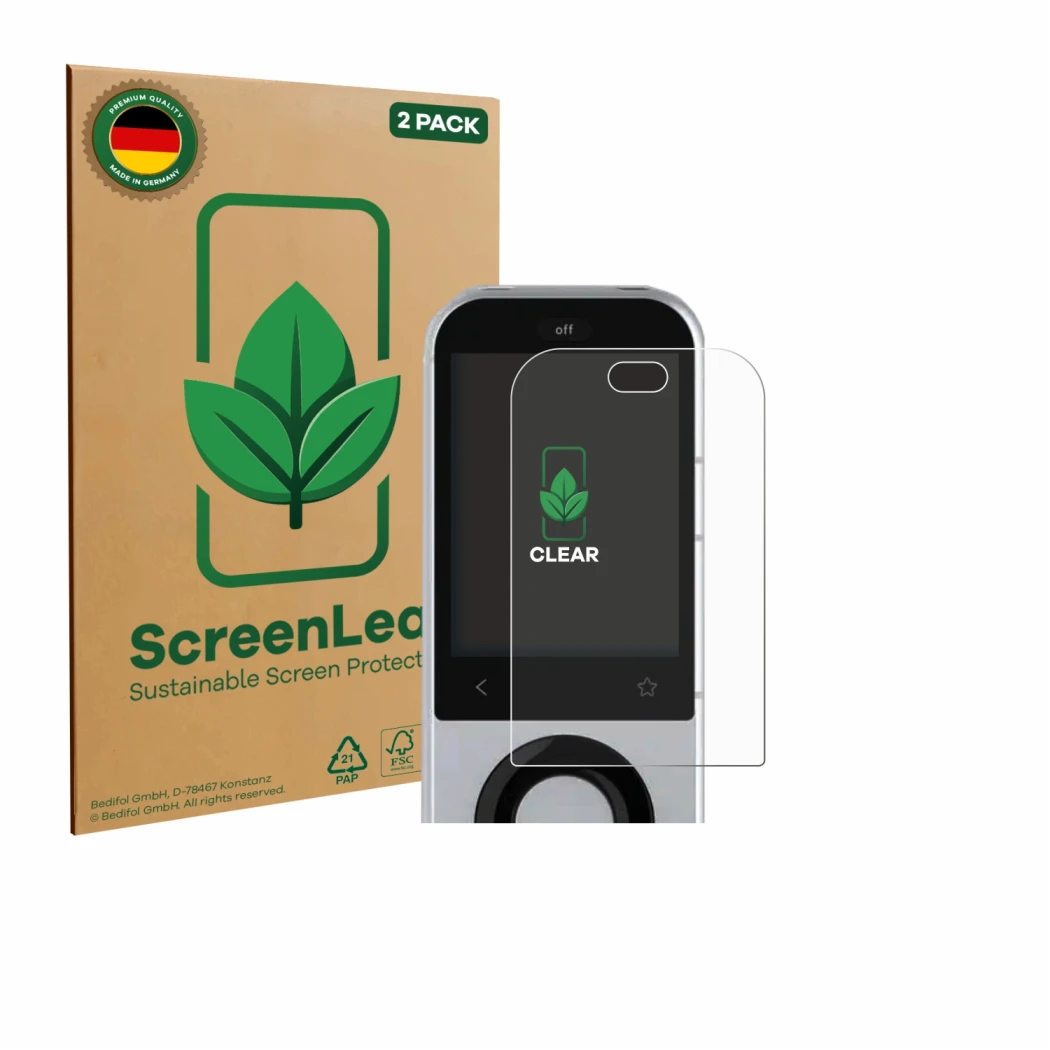 Parte frontale di una confezione del prodotto con il logo del marchio ScreenLeaf. Accanto è raffigurato il dispositivo Sofabat