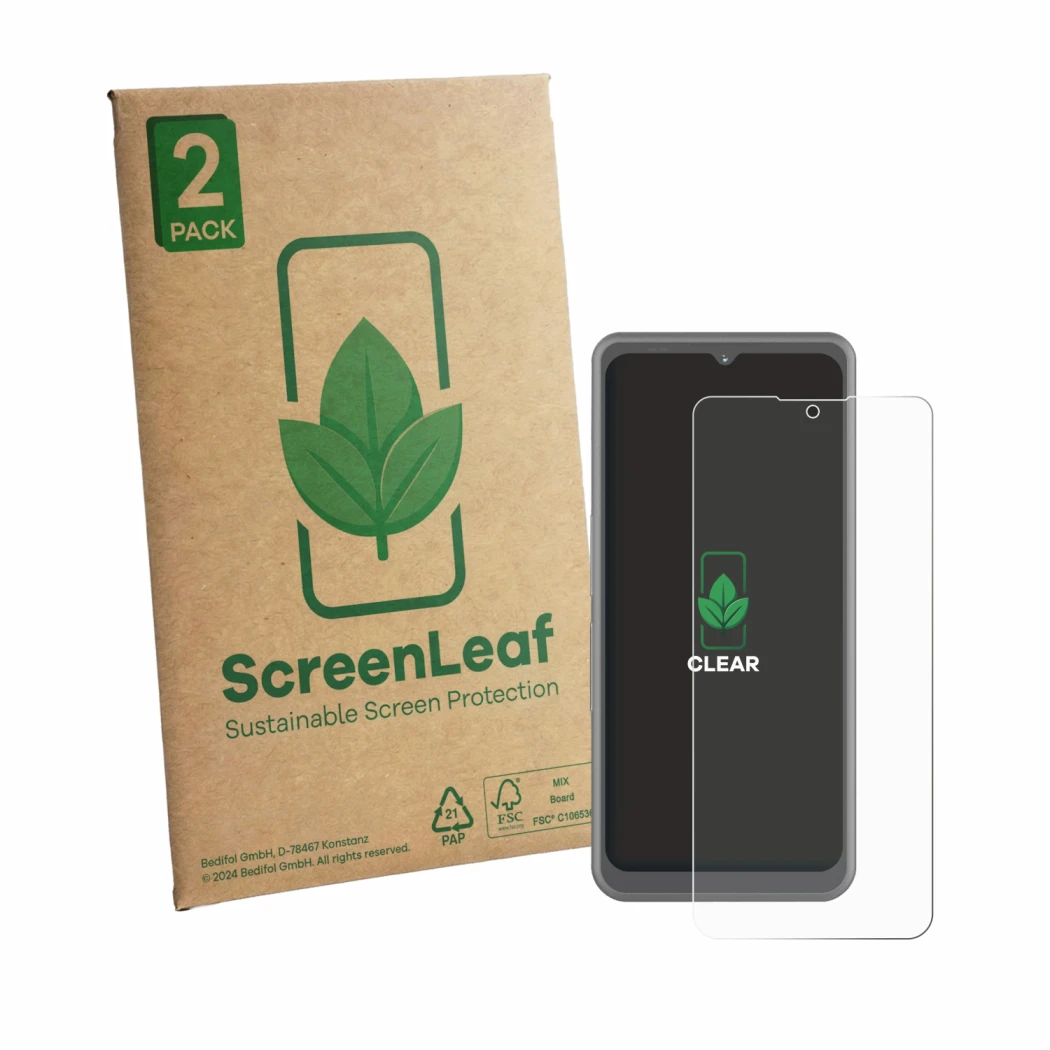 Parte frontale di una confezione del prodotto con il logo del marchio ScreenLeaf. Accanto è raffigurato il dispositivo Sonim X