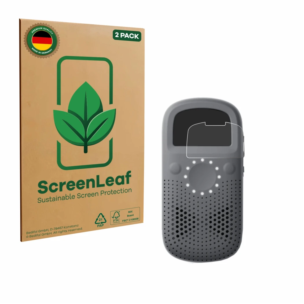 Parte frontale di una confezione del prodotto con il logo del marchio ScreenLeaf. Accanto è raffigurato il dispositivo Relay X