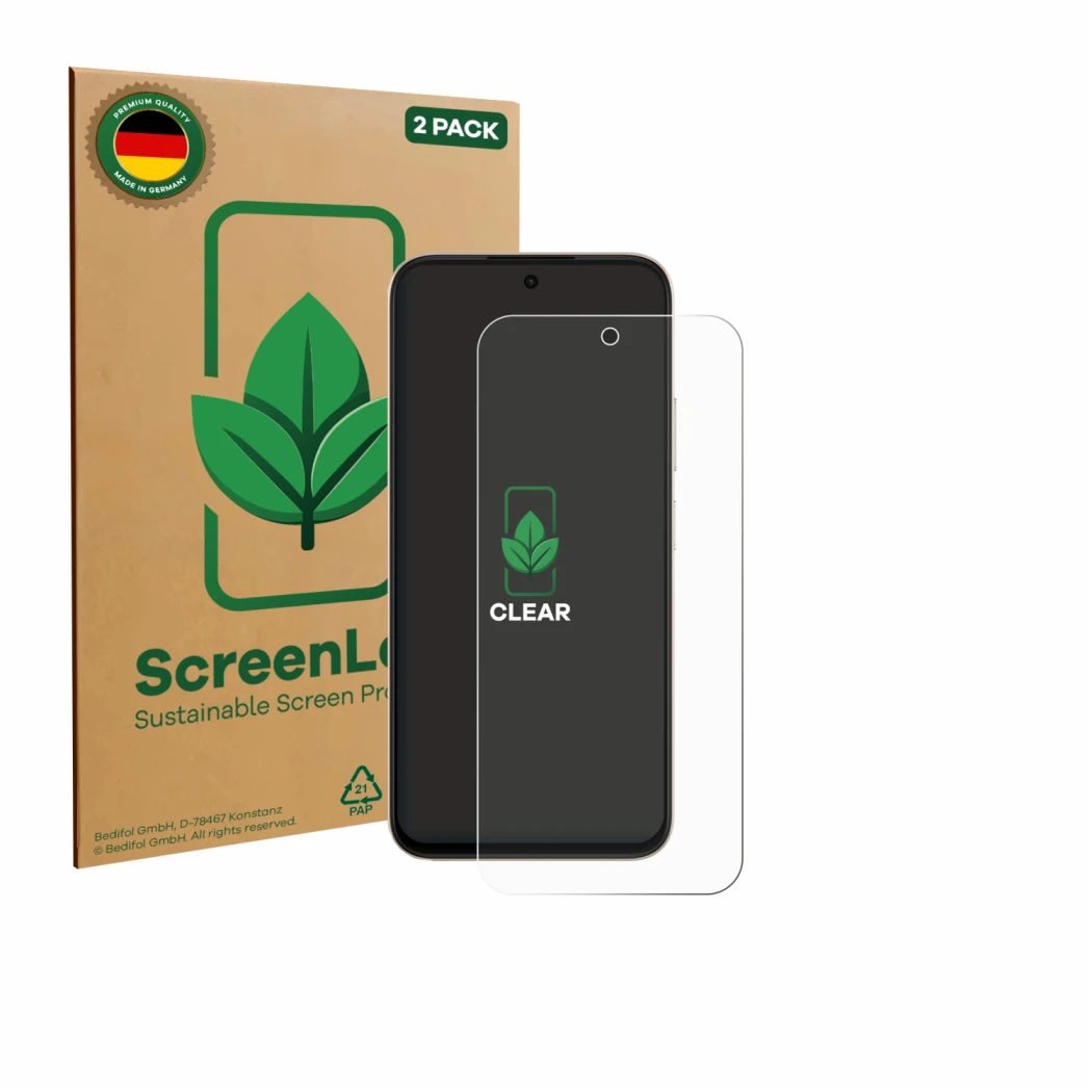 Parte frontale di una confezione del prodotto con il logo del marchio ScreenLeaf. Accanto è raffigurato il dispositivo Oppo A6