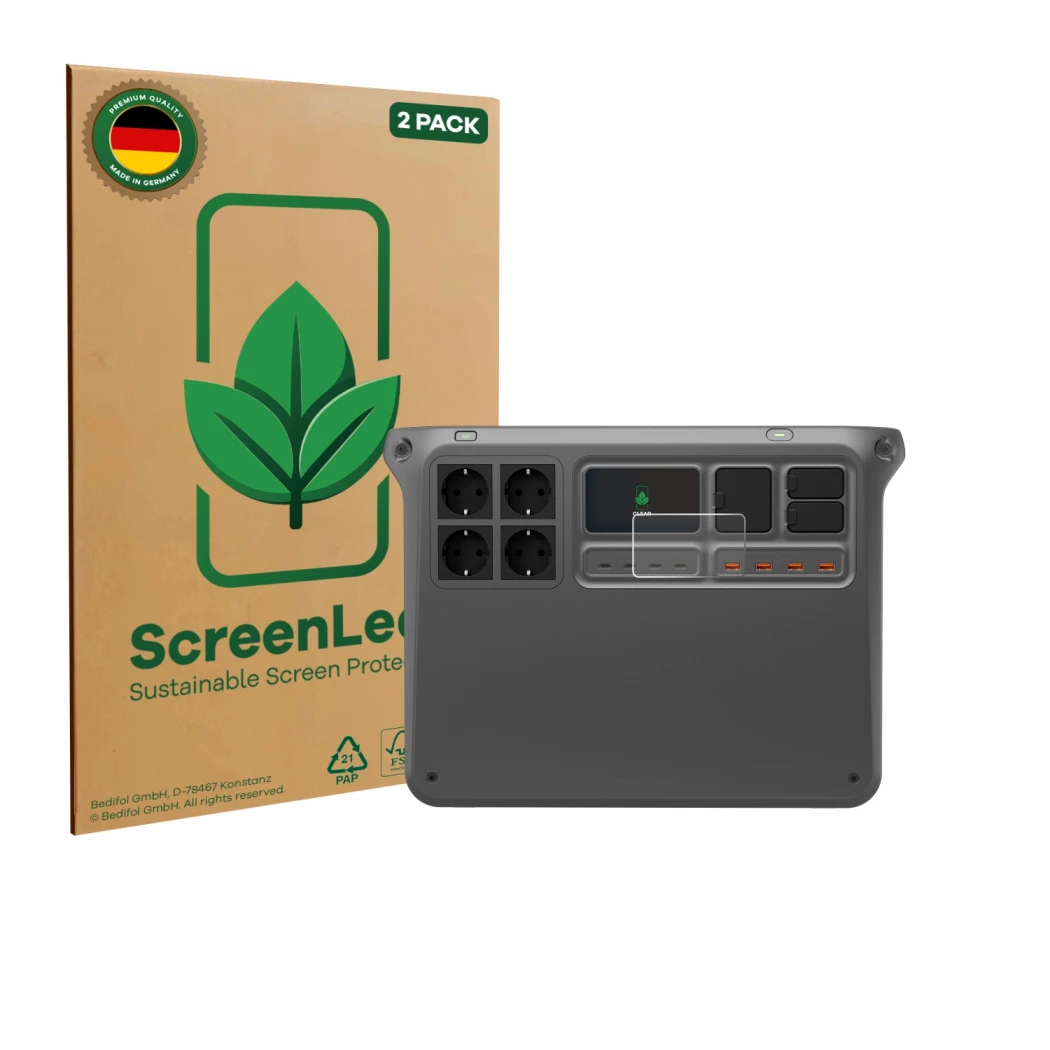 Parte frontale di una confezione del prodotto con il logo del marchio ScreenLeaf. Accanto è raffigurato il dispositivo DJI Pow