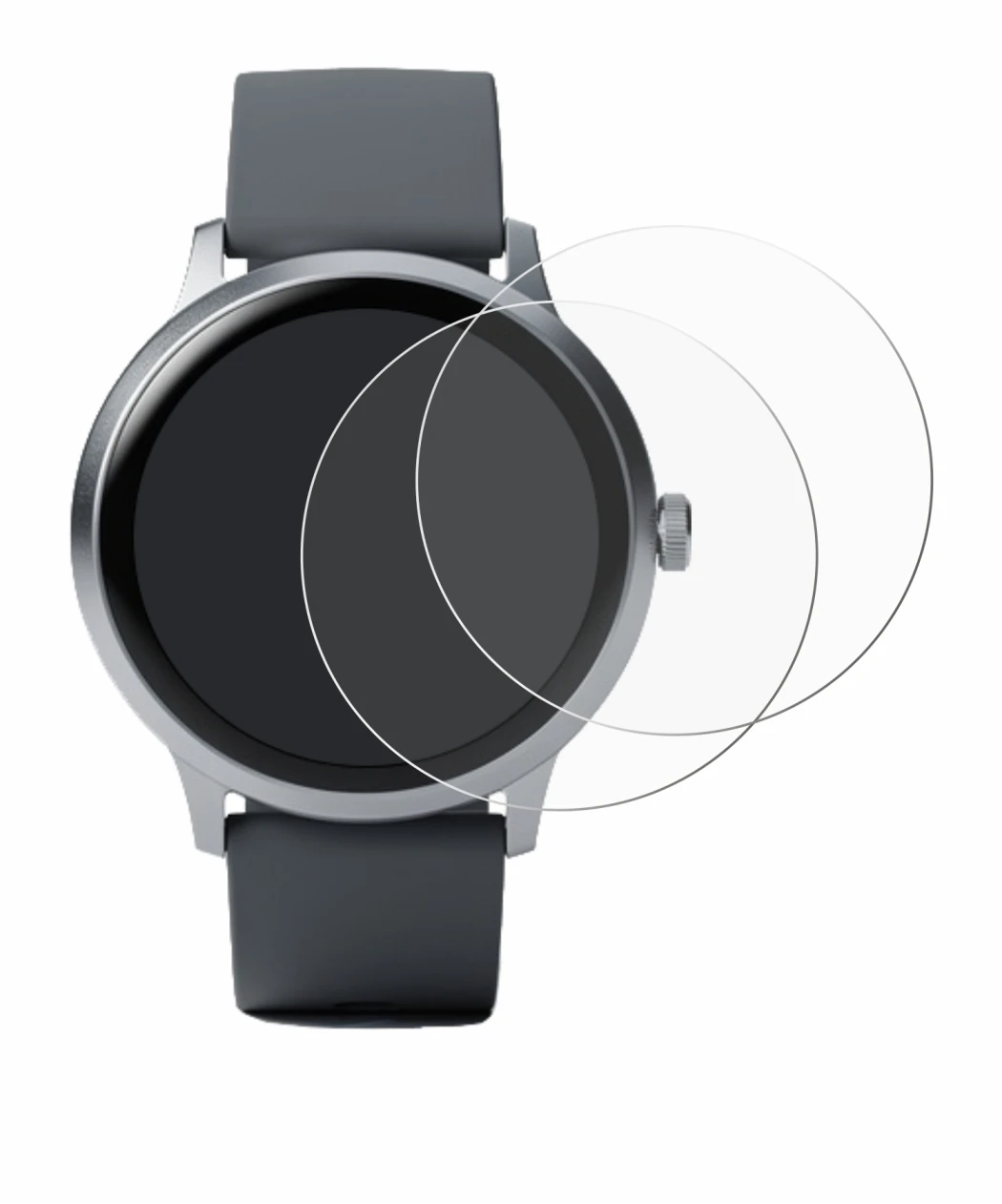 Immagine del dispositivo Pebble Round 2 con un'ampia varietà di protezioni per lo schermo.
