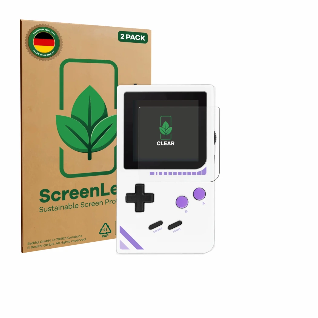 Parte frontale di una confezione del prodotto con il logo del marchio ScreenLeaf. Accanto è raffigurato il dispositivo Modretr