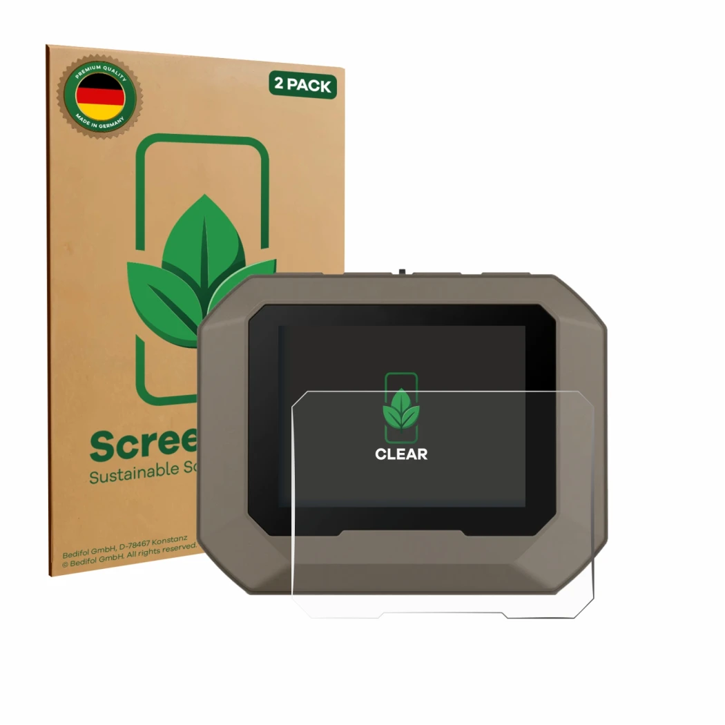 Parte frontale di una confezione del prodotto con il logo del marchio ScreenLeaf. Accanto è raffigurato il dispositivo Garmin 