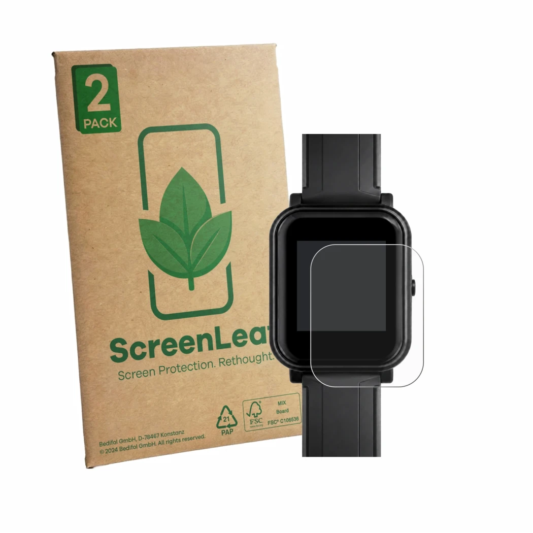 Parte frontale di una confezione del prodotto con il logo del marchio ScreenLeaf. Accanto è raffigurato il dispositivo Bangle.