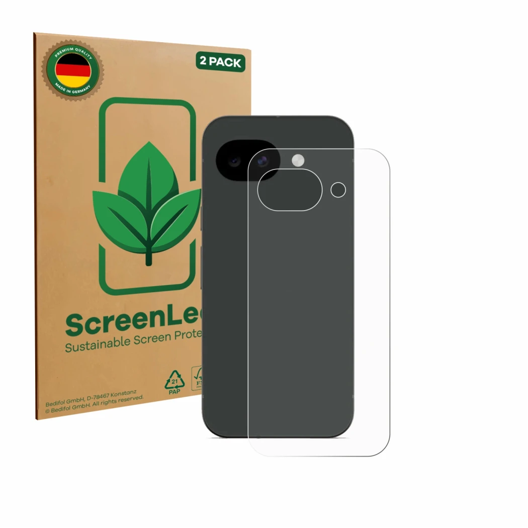 Parte frontale di una confezione del prodotto con il logo del marchio ScreenLeaf. Accanto è raffigurato il dispositivo Google 