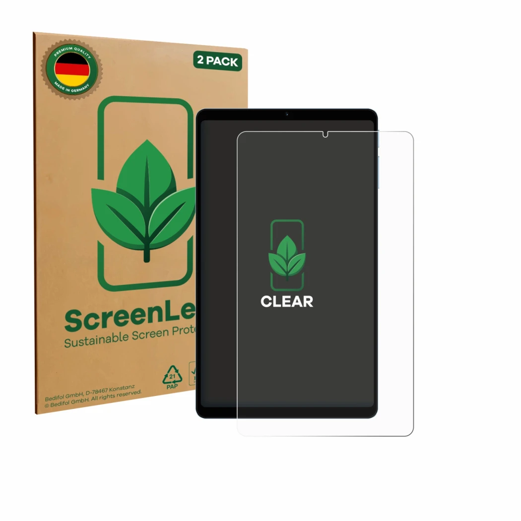 Parte frontale di una confezione del prodotto con il logo del marchio ScreenLeaf. Accanto è raffigurato il dispositivo Teclast