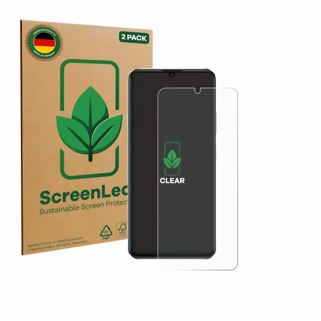 Parte frontale di una confezione del prodotto con il logo del marchio ScreenLeaf. Accanto è raffigurato il dispositivo Huawei 