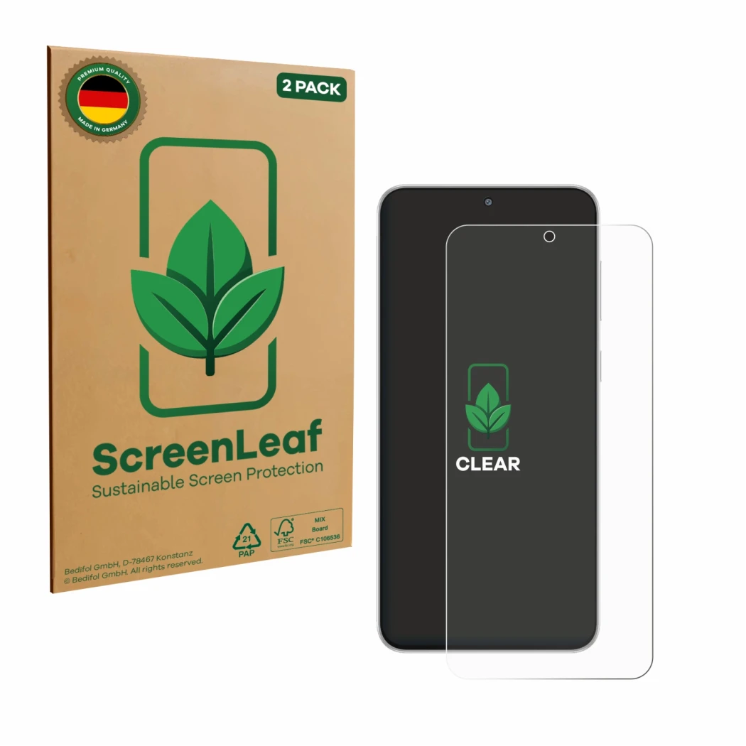 Parte frontale di una confezione del prodotto con il logo del marchio ScreenLeaf. Accanto è raffigurato il dispositivo Samsung