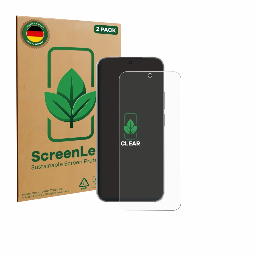 Parte frontale di una confezione del prodotto con il logo del marchio ScreenLeaf. Accanto è raffigurato il dispositivo Huawei 