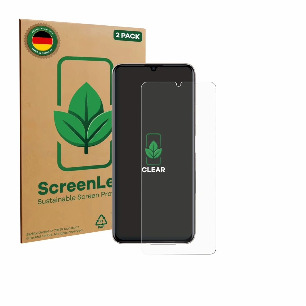 Parte frontale di una confezione del prodotto con il logo del marchio ScreenLeaf. Accanto è raffigurato il dispositivo Huawei 