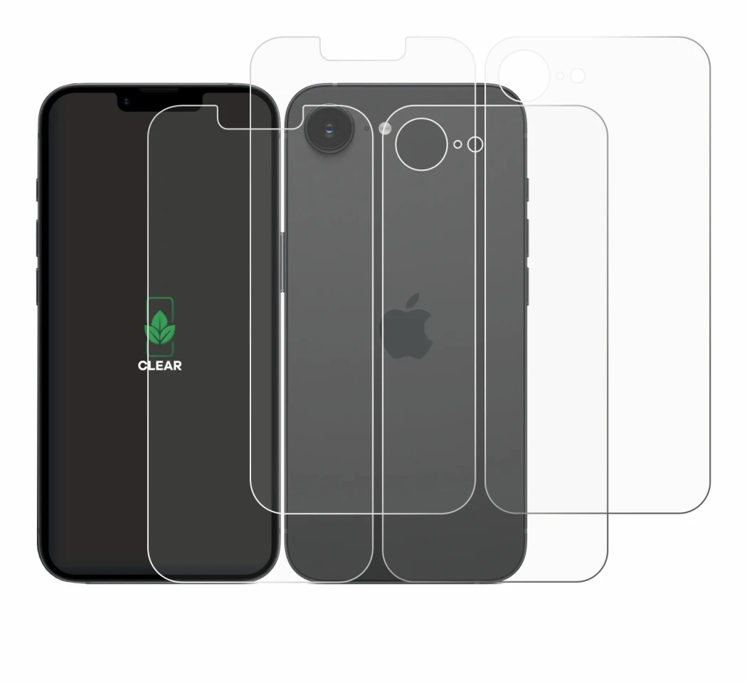 Immagine del dispositivo Apple iPhone 17e (Fronte+Retro) con un'ampia varietà di protezioni per lo schermo.