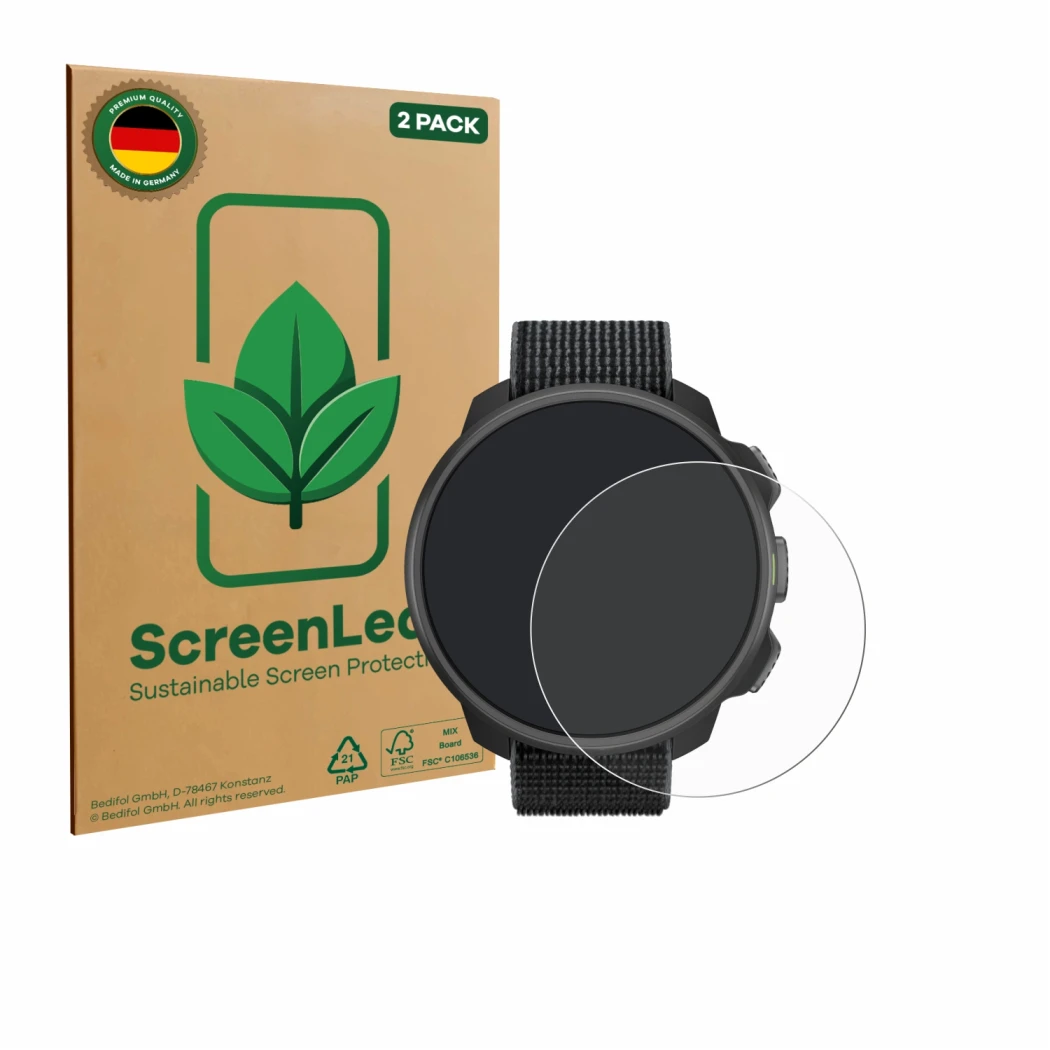 Parte frontale di una confezione del prodotto con il logo del marchio ScreenLeaf. Accanto è raffigurato il dispositivo Suunto 