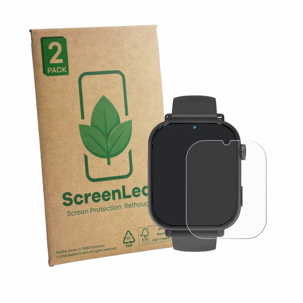 Parte frontale di una confezione del prodotto con il logo del marchio ScreenLeaf. Accanto è raffigurato il dispositivo Pthtech