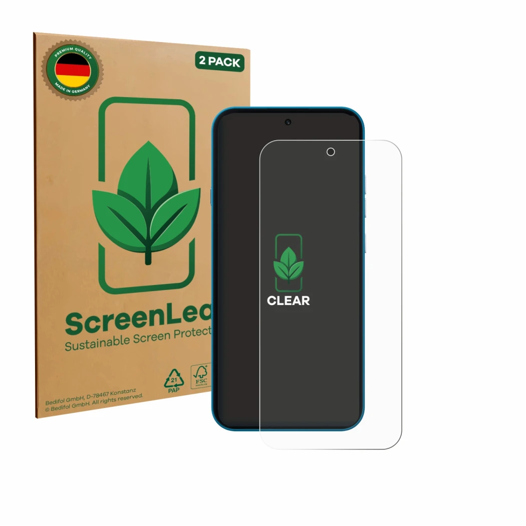 Parte frontale di una confezione del prodotto con il logo del marchio ScreenLeaf. Accanto è raffigurato il dispositivo Nothing