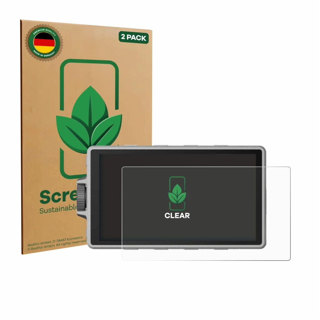 Parte frontale di una confezione del prodotto con il logo del marchio ScreenLeaf. Accanto è raffigurato il dispositivo DJI Ron
