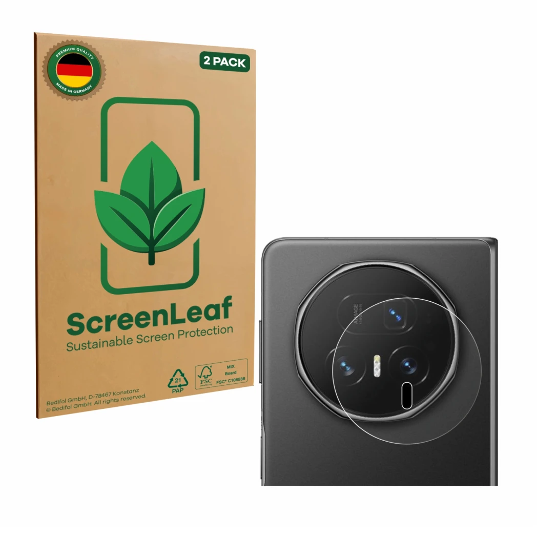 Parte frontale di una confezione del prodotto con il logo del marchio ScreenLeaf. Accanto è raffigurato il dispositivo Honor M