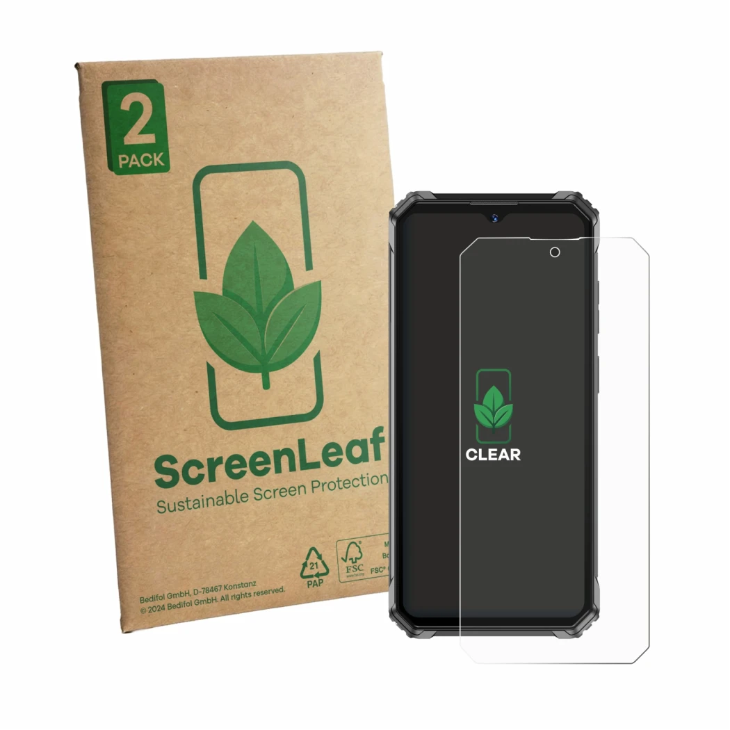 Parte frontale di una confezione del prodotto con il logo del marchio ScreenLeaf. Accanto è raffigurato il dispositivo Oukitel