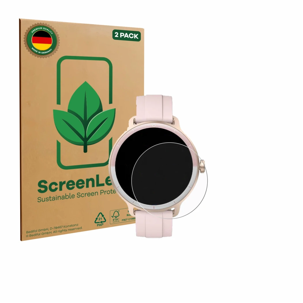 Parte frontale di una confezione del prodotto con il logo del marchio ScreenLeaf. Accanto è raffigurato il dispositivo KIBFLE 