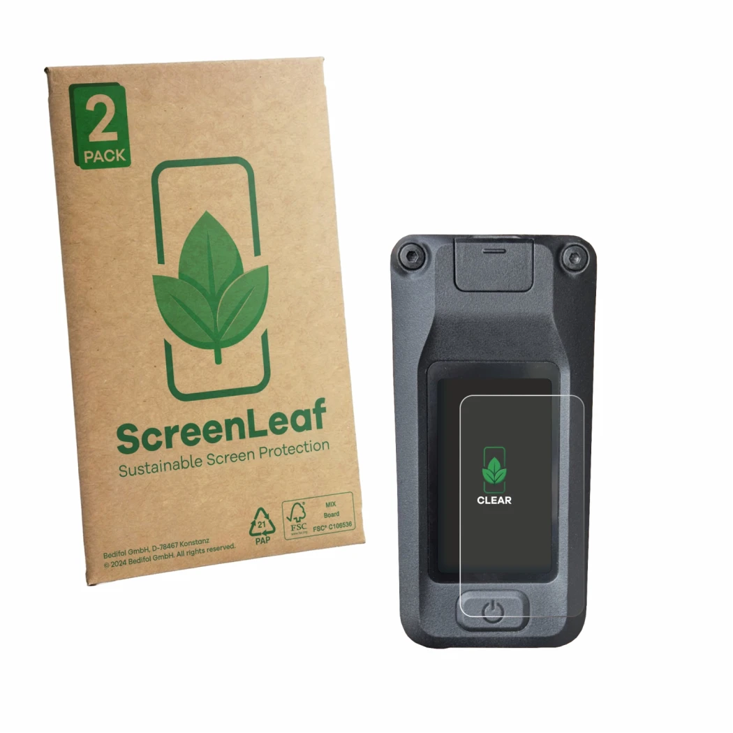 Parte frontale di una confezione del prodotto con il logo del marchio ScreenLeaf. Accanto è raffigurato il dispositivo Amflow 