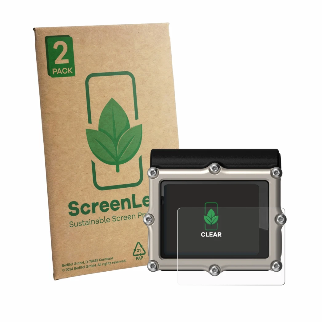 Parte frontale di una confezione del prodotto con il logo del marchio ScreenLeaf. Accanto è raffigurato il dispositivo Shearwa