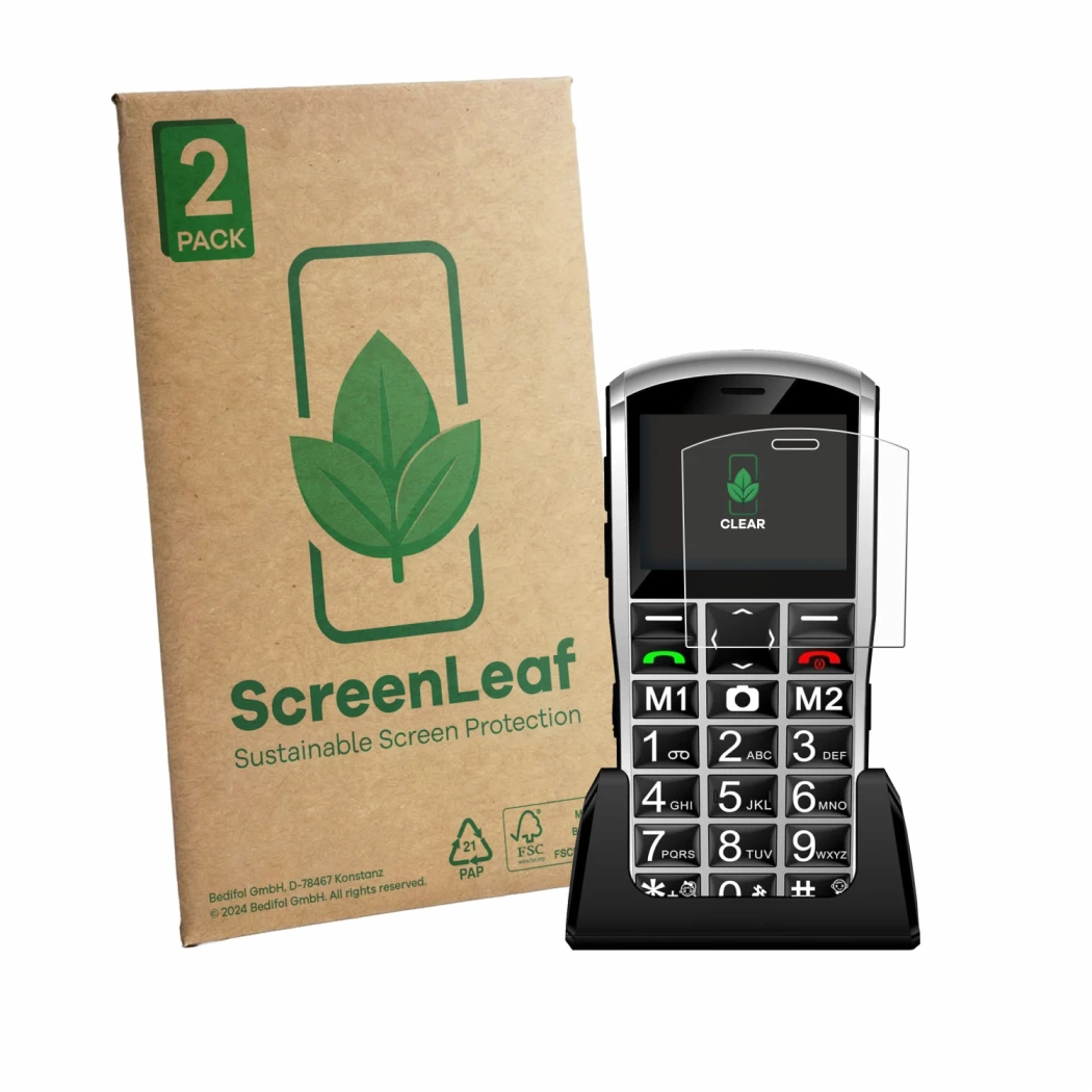 Parte frontale di una confezione del prodotto con il logo del marchio ScreenLeaf. Accanto è raffigurato il dispositivo Artfone