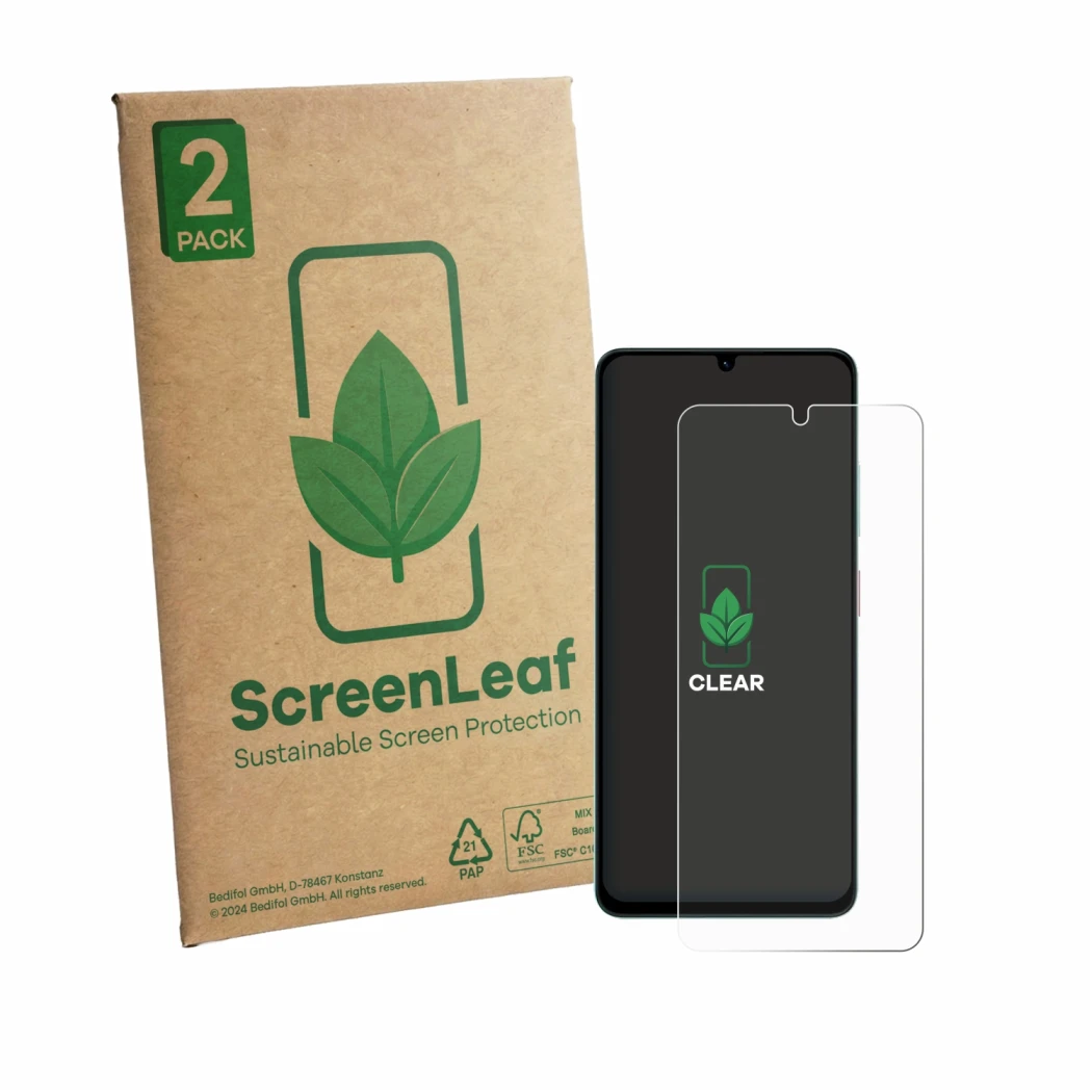Parte frontale di una confezione del prodotto con il logo del marchio ScreenLeaf. Accanto è raffigurato il dispositivo ZTE Bla