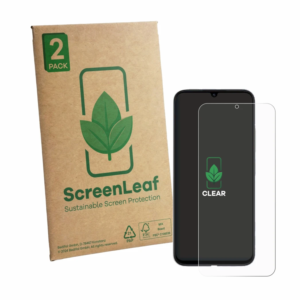 Parte frontale di una confezione del prodotto con il logo del marchio ScreenLeaf. Accanto è raffigurato il dispositivo Xiaomi 