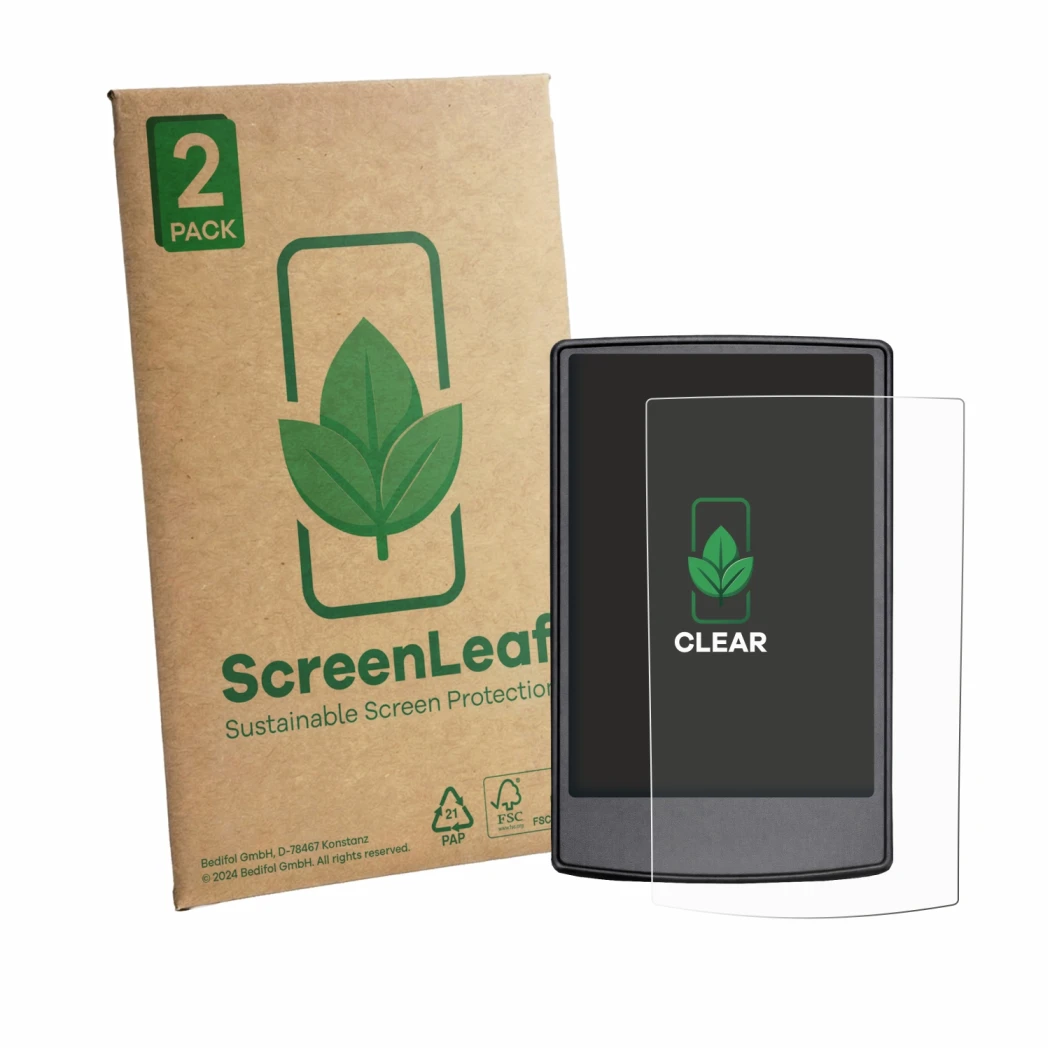 Parte frontale di una confezione del prodotto con il logo del marchio ScreenLeaf. Accanto è raffigurato il dispositivo Engwe E