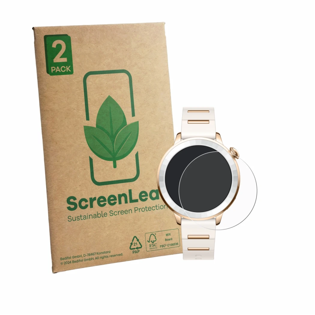 Parte frontale di una confezione del prodotto con il logo del marchio ScreenLeaf. Accanto è raffigurato il dispositivo Oppo Wa