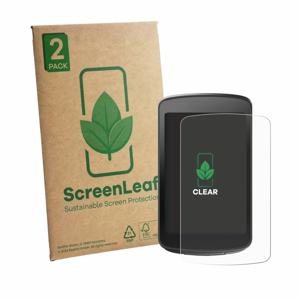 Parte frontale di una confezione del prodotto con il logo del marchio ScreenLeaf. Accanto è raffigurato il dispositivo Magene 