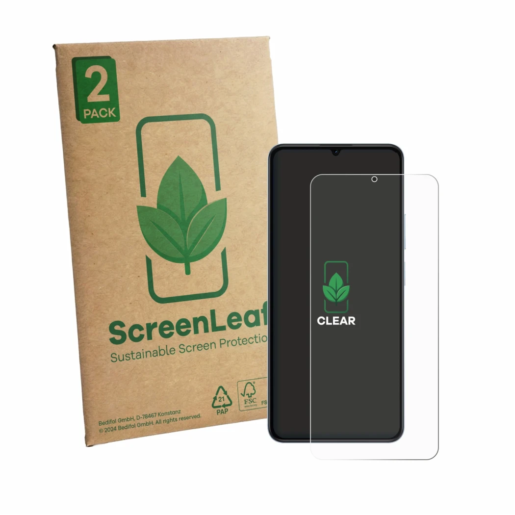 Parte frontale di una confezione del prodotto con il logo del marchio ScreenLeaf. Accanto è raffigurato il dispositivo realme 