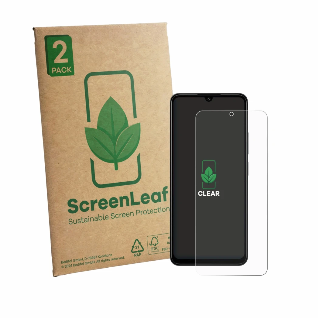 Parte frontale di una confezione del prodotto con il logo del marchio ScreenLeaf. Accanto è raffigurato il dispositivo Xiaomi 