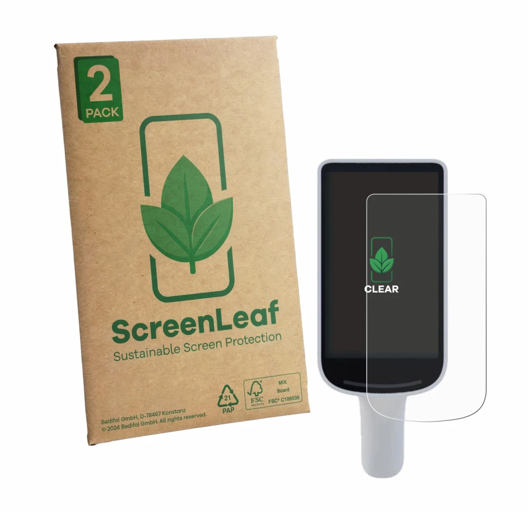 Parte frontale di una confezione del prodotto con il logo del marchio ScreenLeaf. Accanto è raffigurato il dispositivo Datalog
