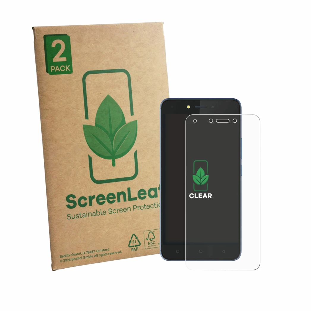 Parte frontale di una confezione del prodotto con il logo del marchio ScreenLeaf. Accanto è raffigurato il dispositivo Tecno P