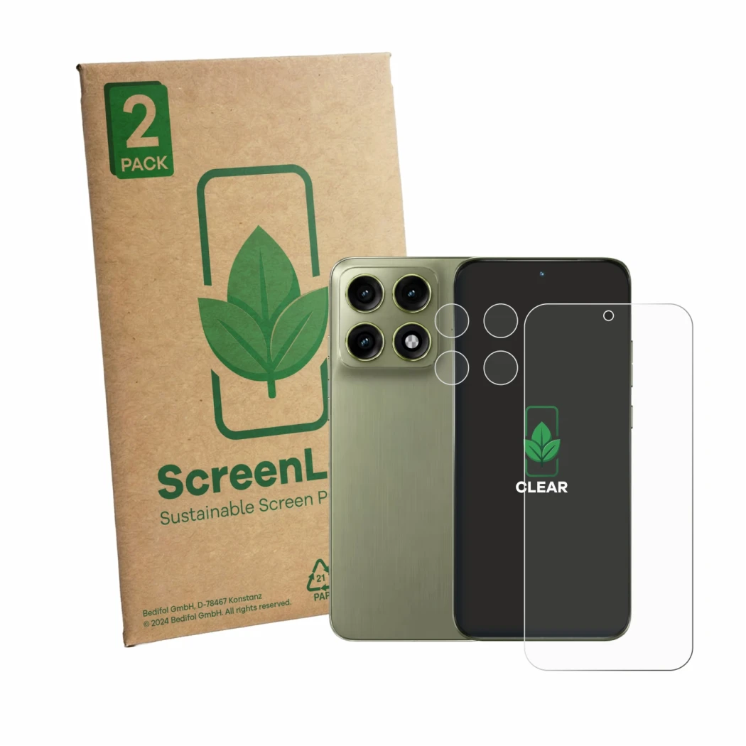 Parte frontale di una confezione del prodotto con il logo del marchio ScreenLeaf. Accanto è raffigurato il dispositivo Motorol