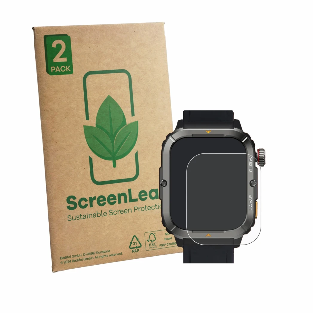 Parte frontale di una confezione del prodotto con il logo del marchio ScreenLeaf. Accanto è raffigurato il dispositivo AGM Leg