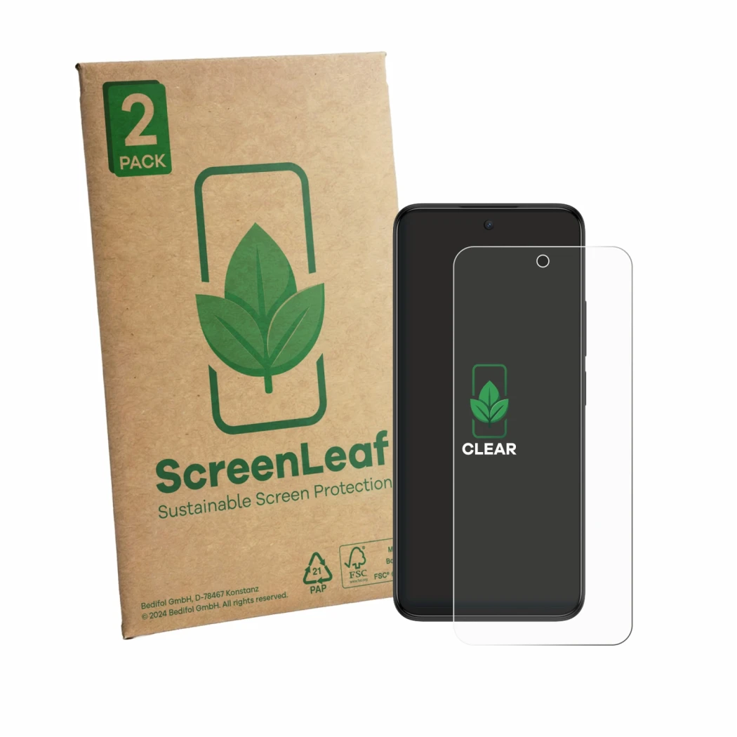 Parte frontale di una confezione del prodotto con il logo del marchio ScreenLeaf. Accanto è raffigurato il dispositivo TCL 605