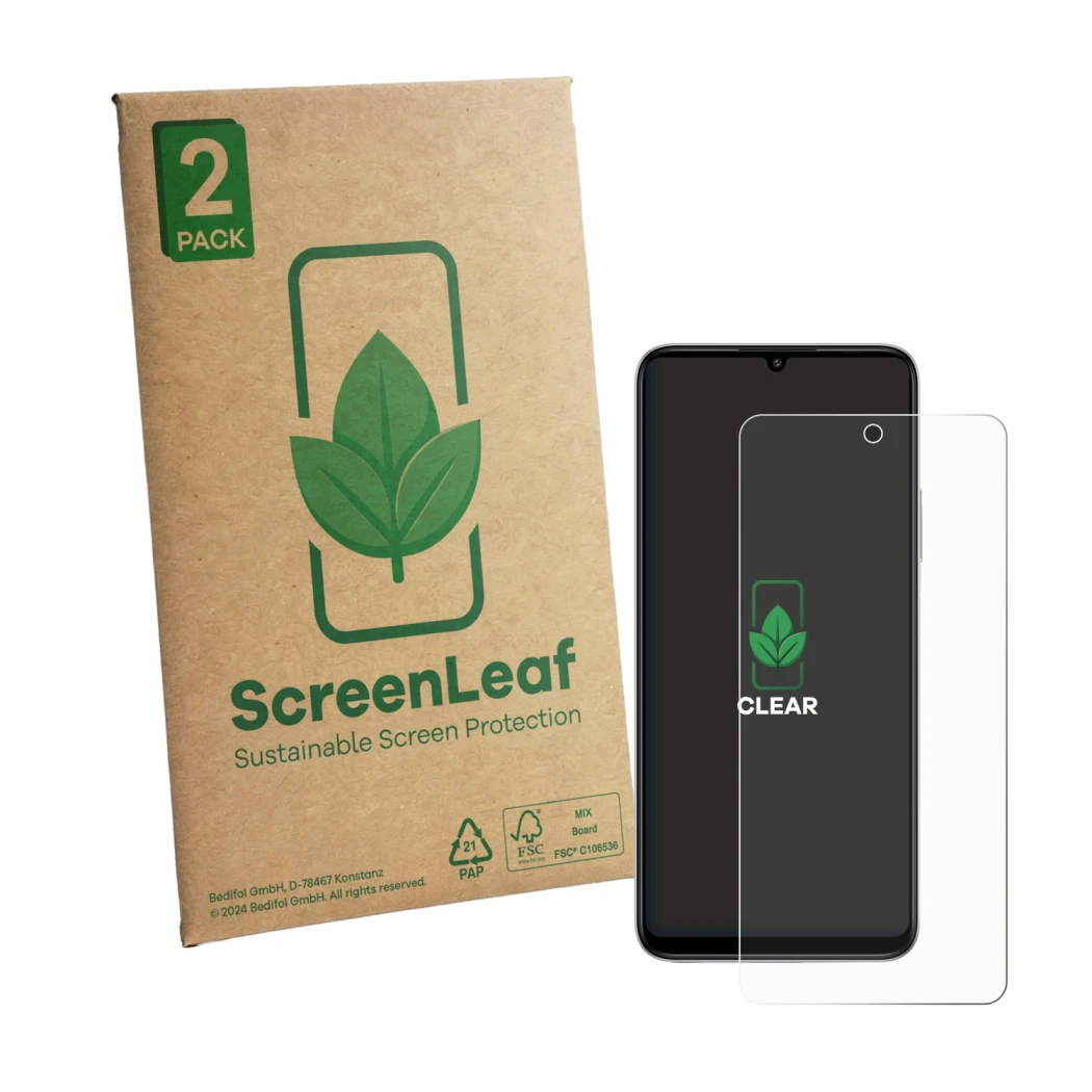 Parte frontale di una confezione del prodotto con il logo del marchio ScreenLeaf. Accanto è raffigurato il dispositivo General