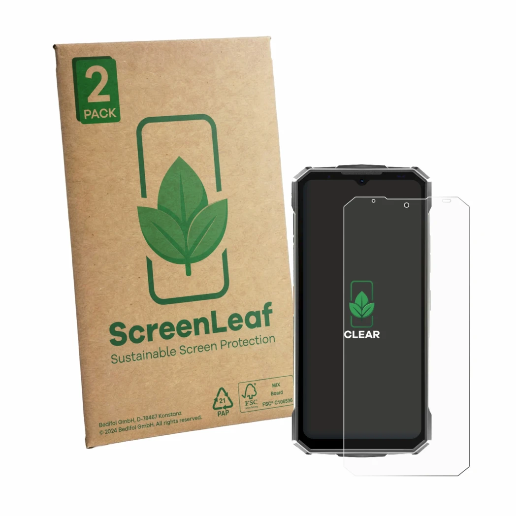 Parte frontale di una confezione del prodotto con il logo del marchio ScreenLeaf. Accanto è raffigurato il dispositivo Doogee 