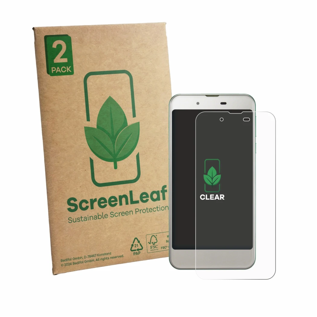 Parte frontale di una confezione del prodotto con il logo del marchio ScreenLeaf. Accanto è raffigurato il dispositivo Sharp A
