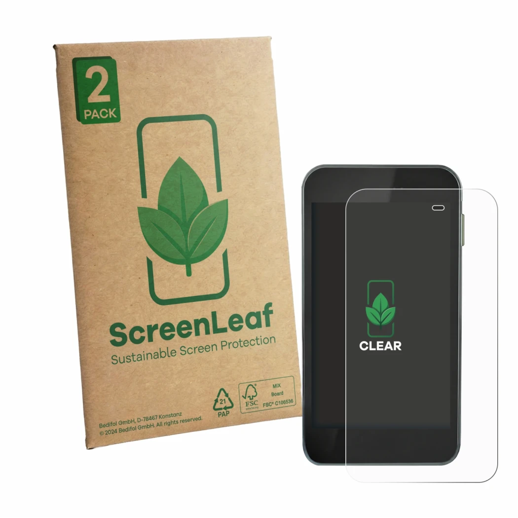 Parte frontale di una confezione del prodotto con il logo del marchio ScreenLeaf. Accanto è raffigurato il dispositivo Equil P