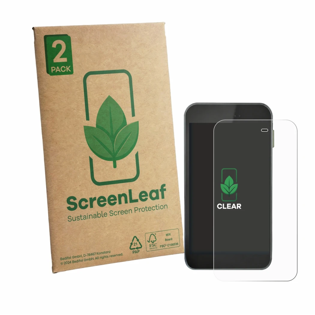 Parte frontale di una confezione del prodotto con il logo del marchio ScreenLeaf. Accanto è raffigurato il dispositivo Equil S