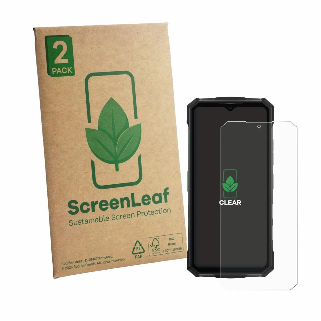 Parte frontale di una confezione del prodotto con il logo del marchio ScreenLeaf. Accanto è raffigurato il dispositivo Doogee 